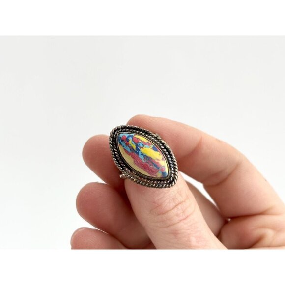 Rainbow Mosaic Jasper Stone Sterling Silver Vintage Southwest Ring - sz 5.75 - Picture 6 of 10